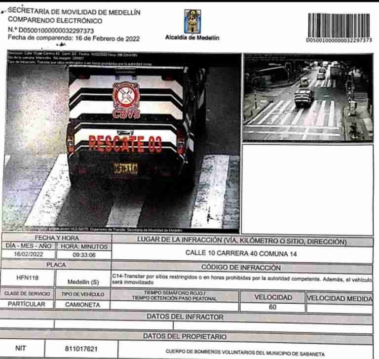 Infracción a carro de bomberos por incumplir pico y placa