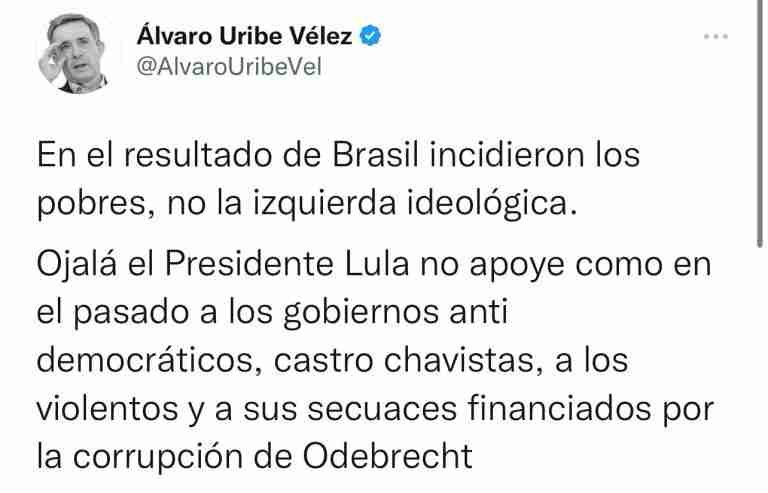 El expresidente Álvaro Uribe se pronunció frente al resultado electoral de Brasil