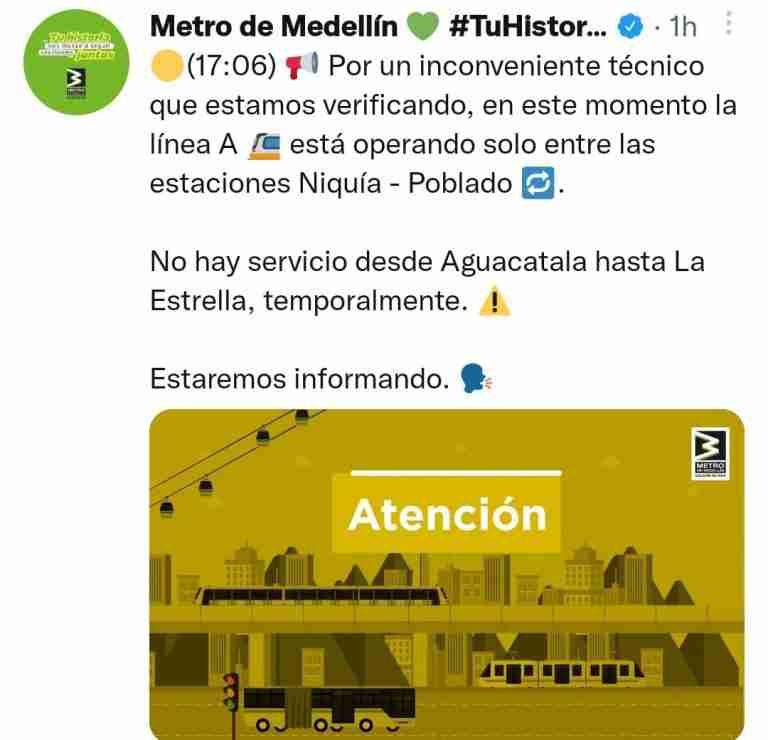 El Metro solo presta servicio de Niquía a Poblado y viceversa