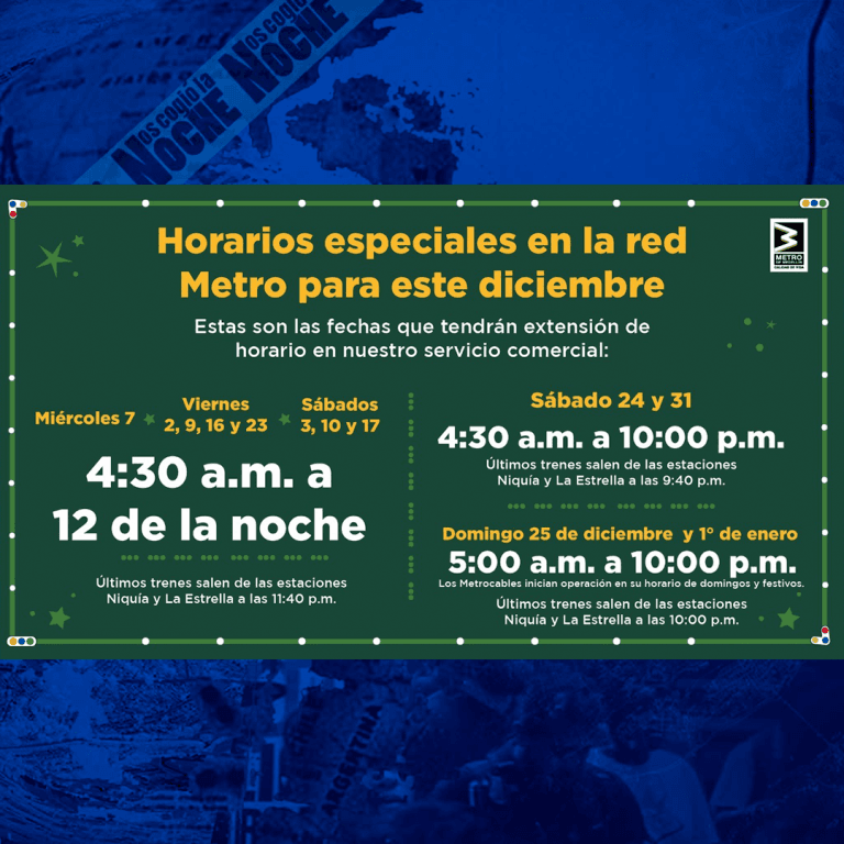 Por Navidad y año nuevo, el Metro de Medellín tendrá horario especial