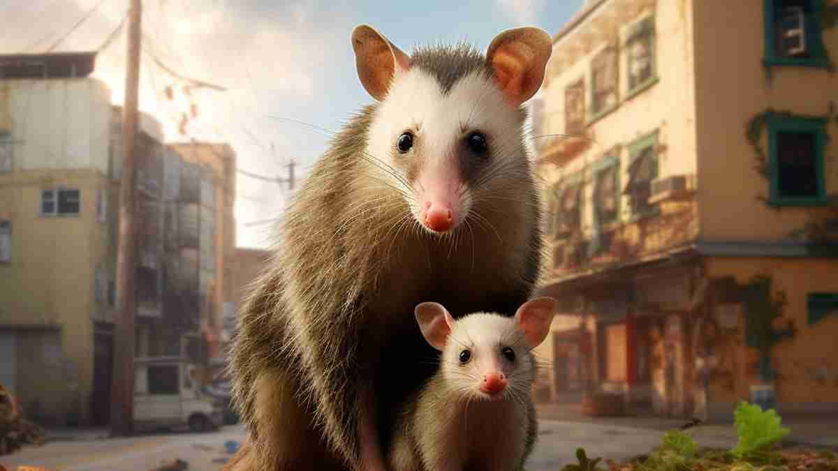 Dos zarigüeyas mirando de frente en la calle o en una zona urbana.
