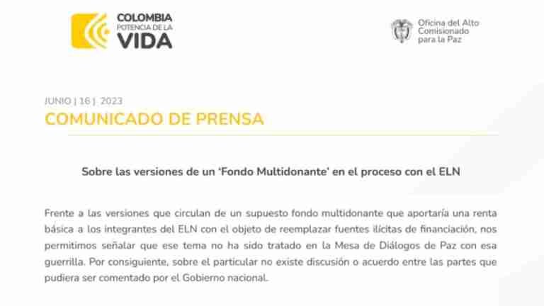 Comisionado para la Paz desmiente el fondo de financiamiento al ELN