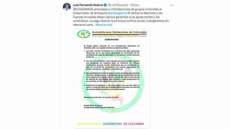 Luis Fernando Suárez denunció amenazas de las ACG contra el gobernador de Antioquia