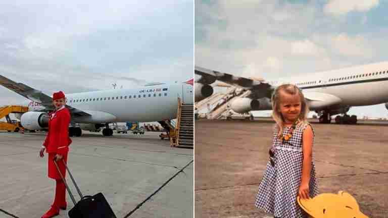 Niña aficionada a la aviación se convierte en sobrecargo y recrea una foto icónica 20 años después 