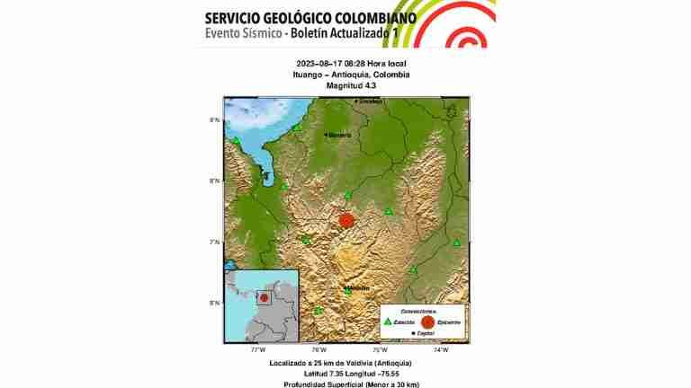 Nuevo temblor sacude a Antioquia: 4.3 en Ituango