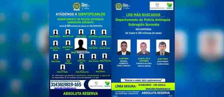 Ofrecen hasta 100 millones de pesos de recompensa por información de los más buscados del Suroeste antioqueño