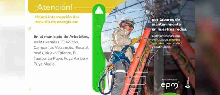 Habrá interrupción de energía en Arboletes este sábado 24 de febrero