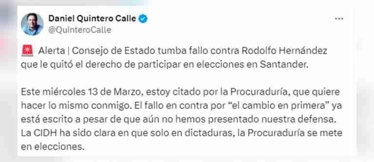 Daniel Quintero anticipa resultado de juicio disciplinario en su contra