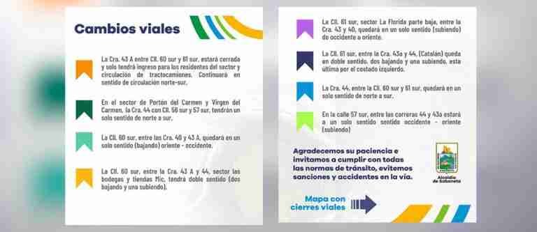 ¡Ojo! Hay cierres y cambios viales en el municipio de Sabaneta
