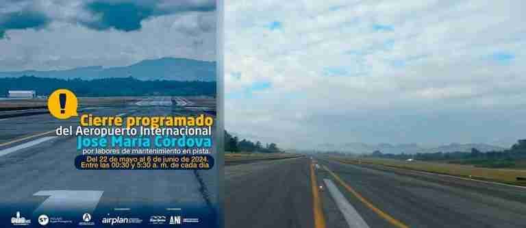 Habrá cierres en la pista del Aeropuerto José María Córdova por labores de mantenimiento 