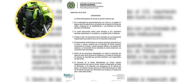 Le lanzaron una granada a una moto de la Policía en Norte de Santander 