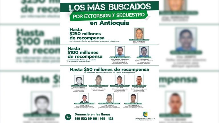 Ofrecen hasta 250 millones de pesos por información de los 10 más buscados en Antioquia