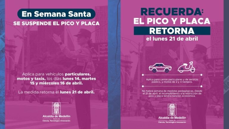 Para Semana Santa se levanta el pico y placa en Medellín y sus alrededores