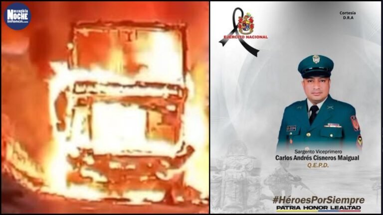 Un militar murió calcinado cuando presuntos disidentes incineraron un bus de servicio público