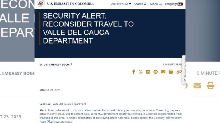 Estados Unidos emite alerta de viaje para el Valle del Cauca por riesgos de seguridad