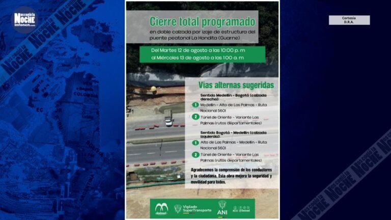 Devimed anunció que habrá un cierre total de la doble calzada de la Autopista Medellín – Bogotá este 12 de agosto