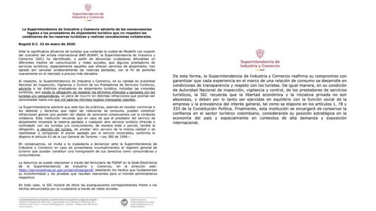 SIC advierte a alojamientos en Medellín: cancelar reservas por el concierto de Bad Bunny puede ser sancionado