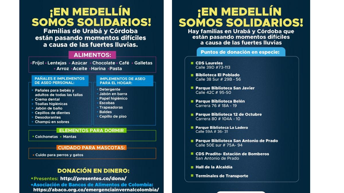 Medellín activa campaña de solidaridad para familias afectadas por las lluvias en Urabá y Córdoba
