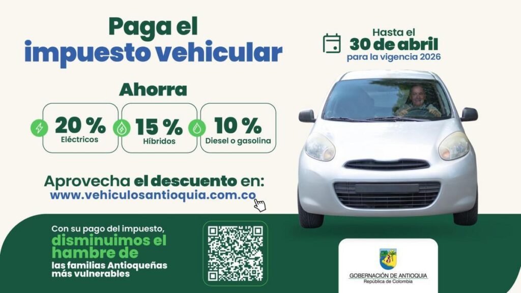 Últimas horas para pagar el impuesto vehicular con descuento en Antioquia