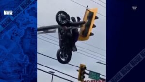 ¿Cómo quedó esta moto colgada en el semáforo?