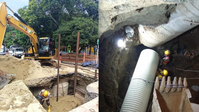 Avanza reparación del hueco en Los Ángeles tras daño en red de alcantarillado