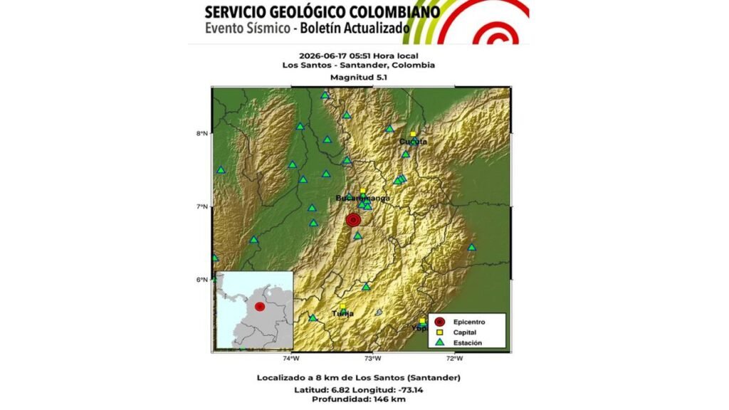 Temblor de magnitud 5,1 sacudió a Colombia en la madrugada de este miércoles