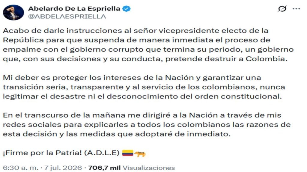 ¡Atención! Se suspende el proceso de empalme por orden del presidente electo, Abelardo de la Espriella