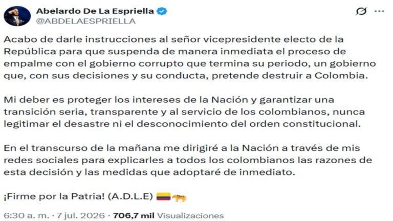 ¡Atención! Se suspende el proceso de empalme por orden del presidente electo, Abelardo de la Espriella