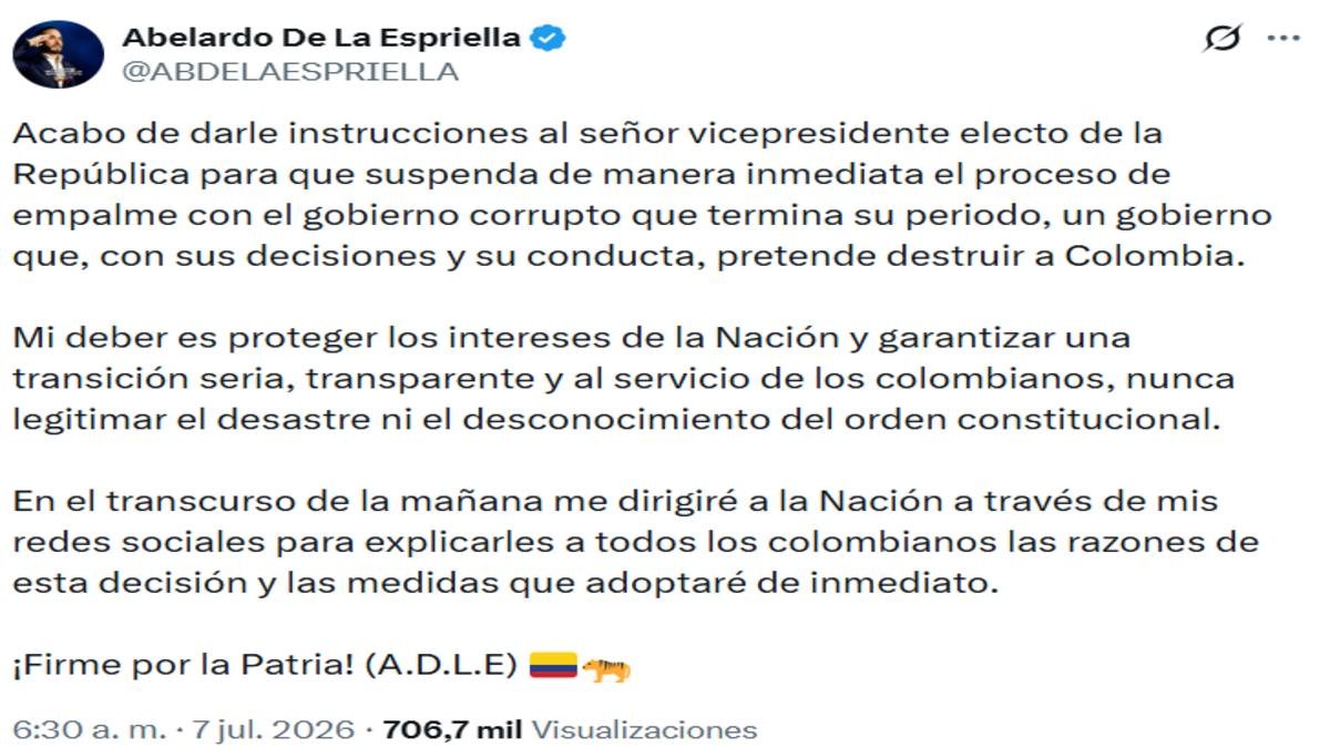 ¡Atención! Se suspende el proceso de empalme por orden del presidente electo, Abelardo de la Espriella