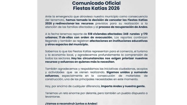 Andes cancela las Fiestas Katías 2026 y destina recursos a los damnificados del terremoto