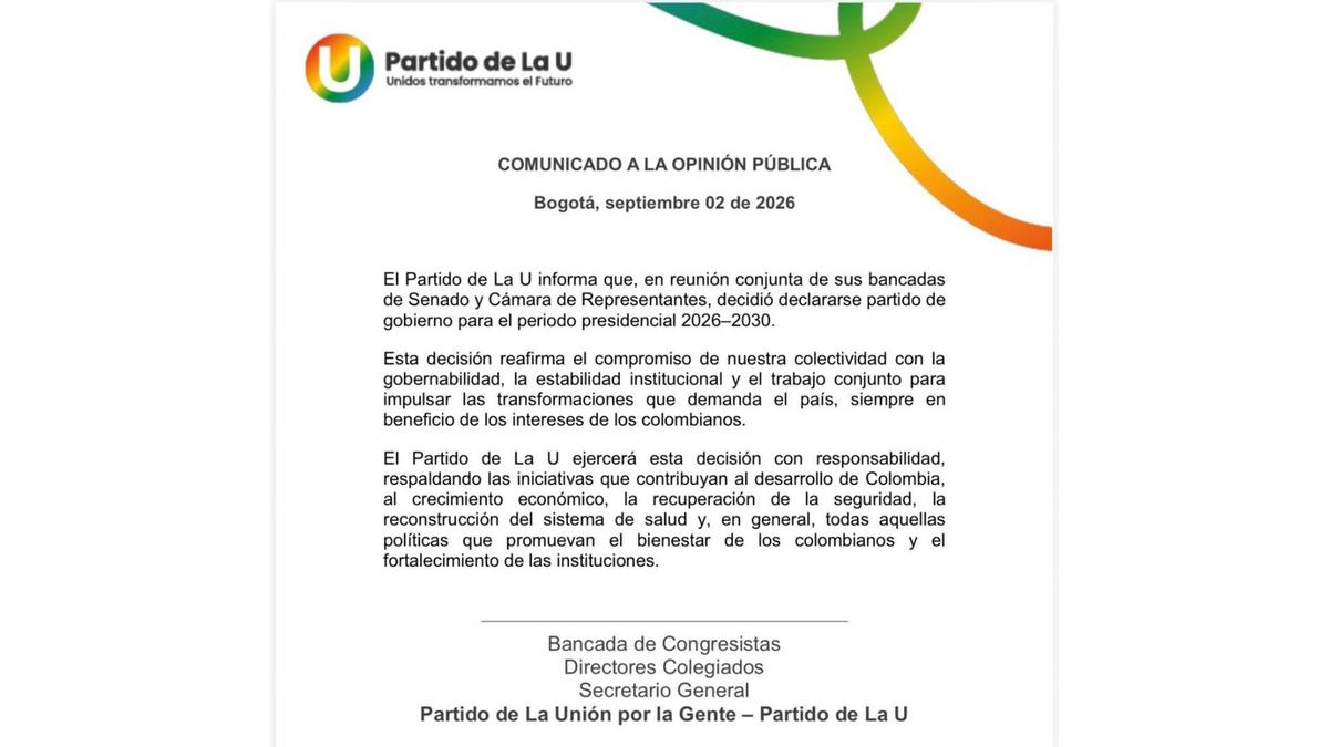 Partido de La U se declara partido de Gobierno de Abelardo