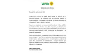 Partido Verde se declara independiente del Gobierno de De la Espriella