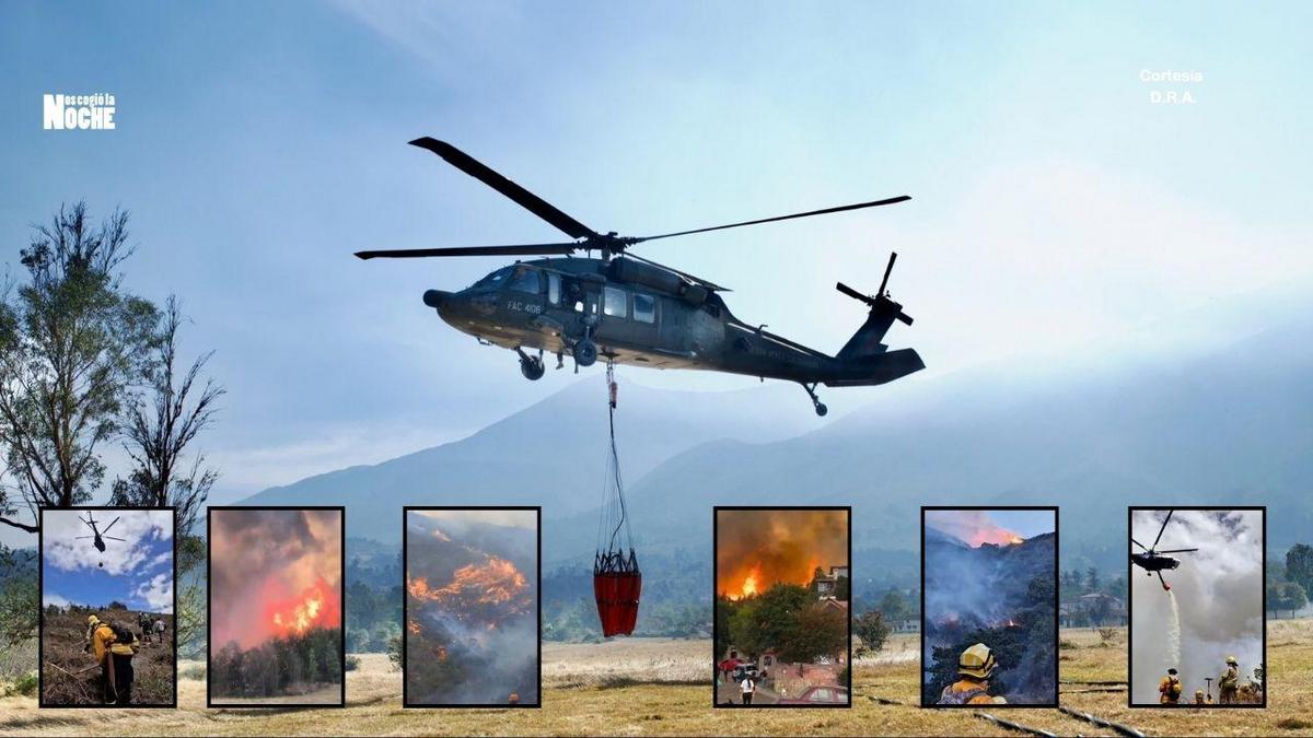 Más de 300 personas, apoyadas por dos helicópteros con Bambi Bucket, intentan sofocar el voraz incendio de Villa de Leyva