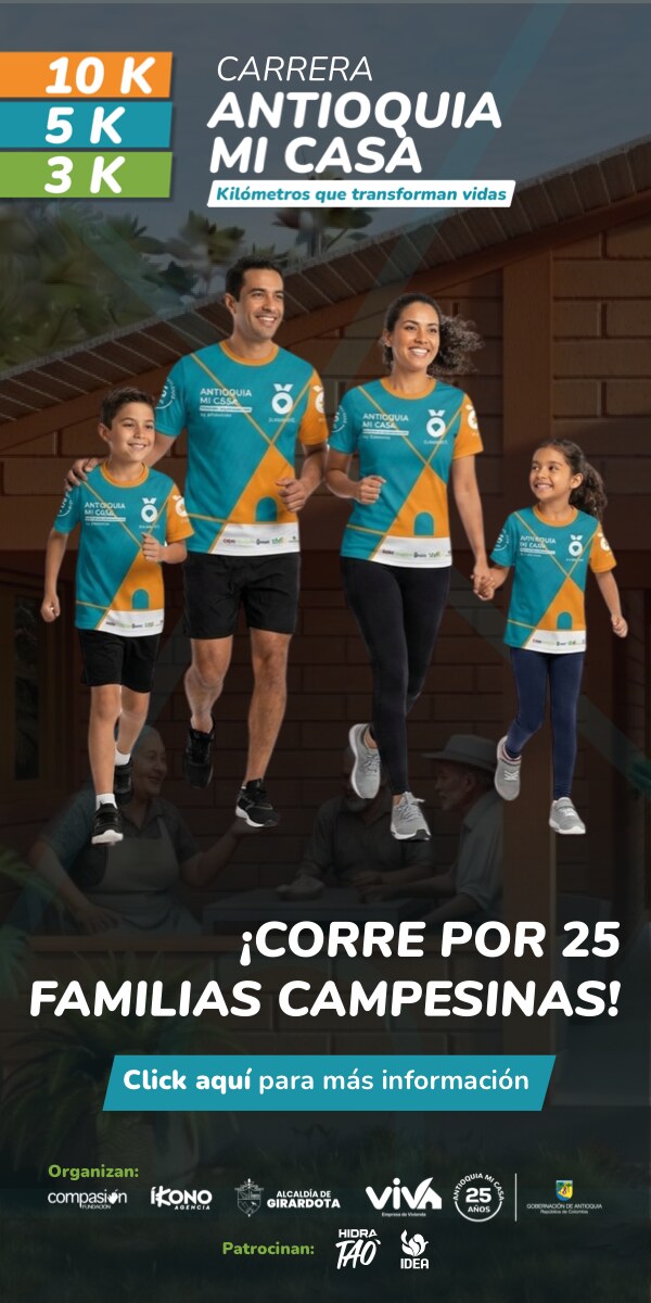 Carrera Antioquia Mi Casa 10K, 5K y 3K: ¡corre por 25 familias campesinas! VIVA Empresas de Vivienda y Gobernación de Antioquia. Clic para más información